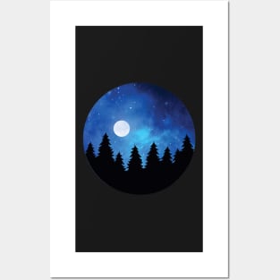 Night sky, Pine tree, Galaxy, Forest, Full Moon, Camping Posters and Art